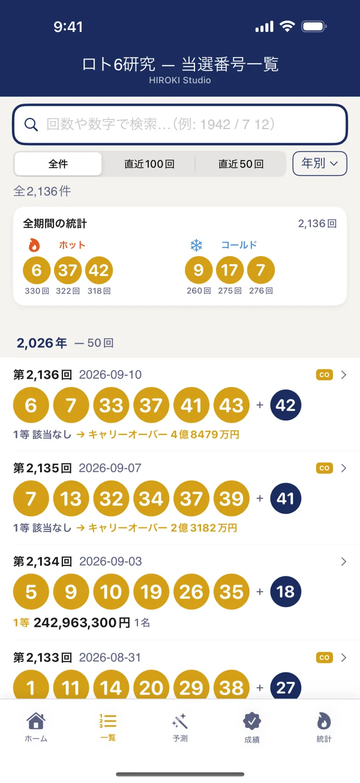 第1回からの当選番号の一覧と検索